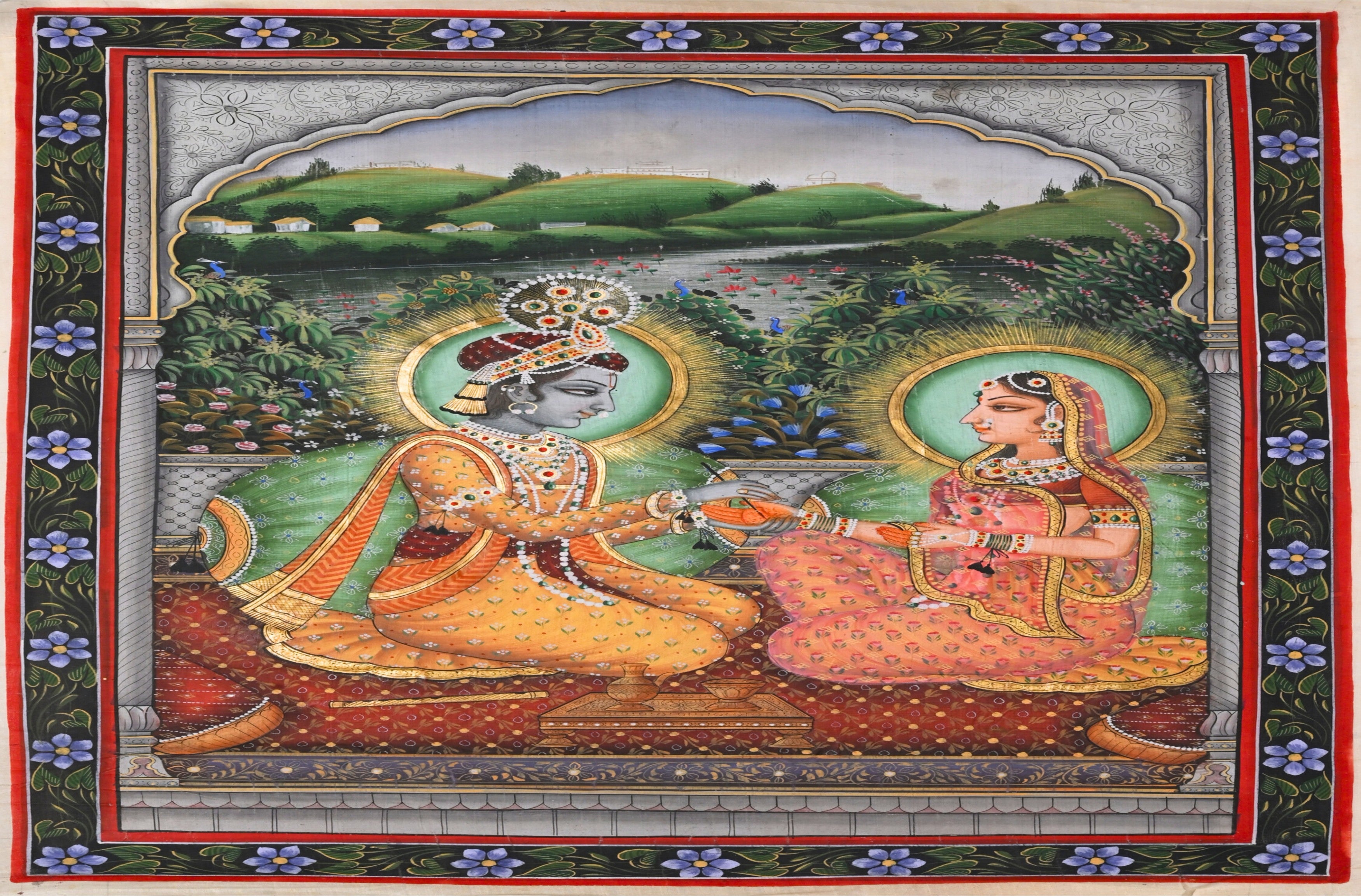 Radha and Krishna Seated Together in Garden Pavilion