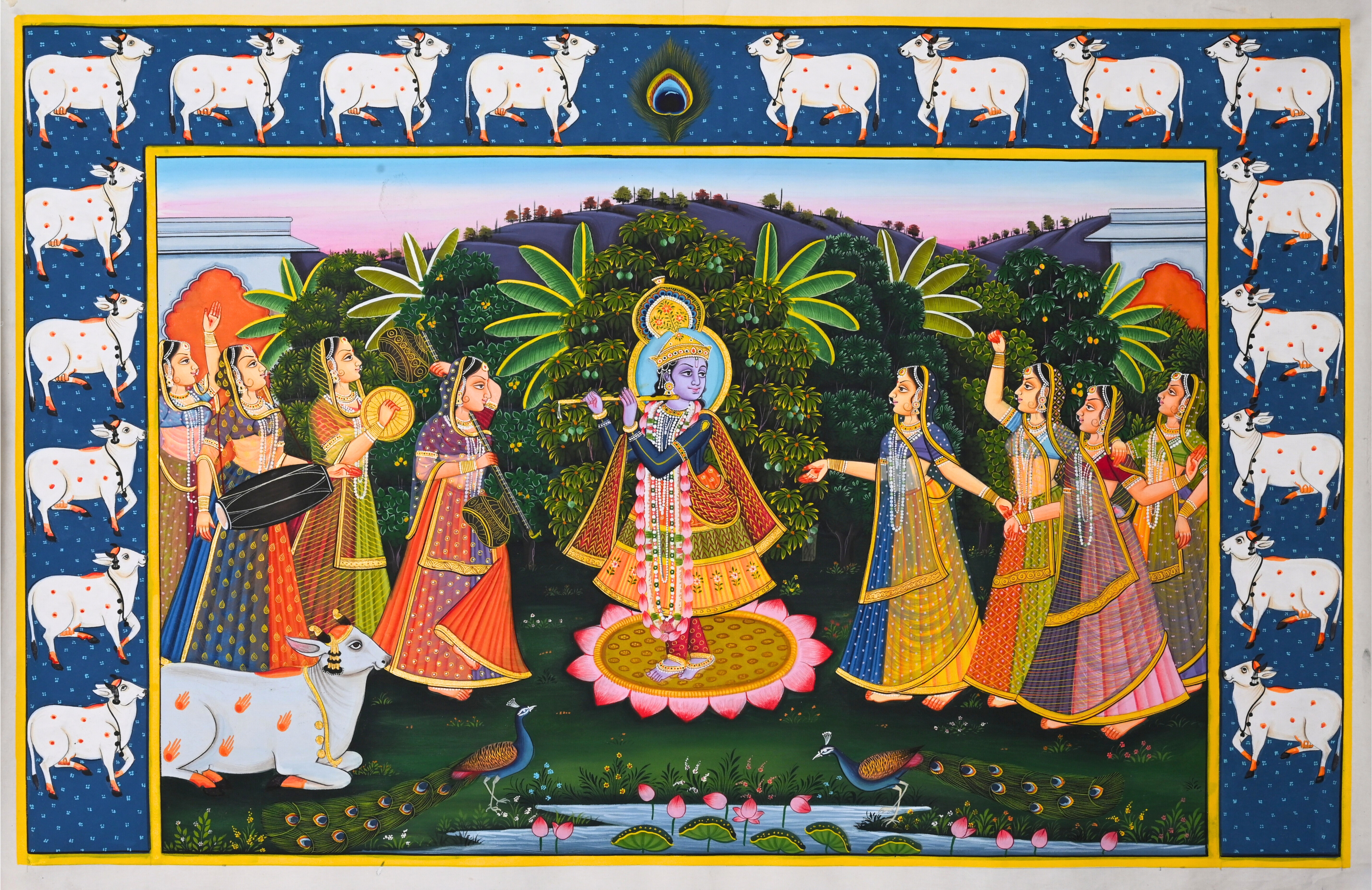 Traditional Indian Pichwai Painting - Krishna Playing Flute with Gopis and Sacred Cows