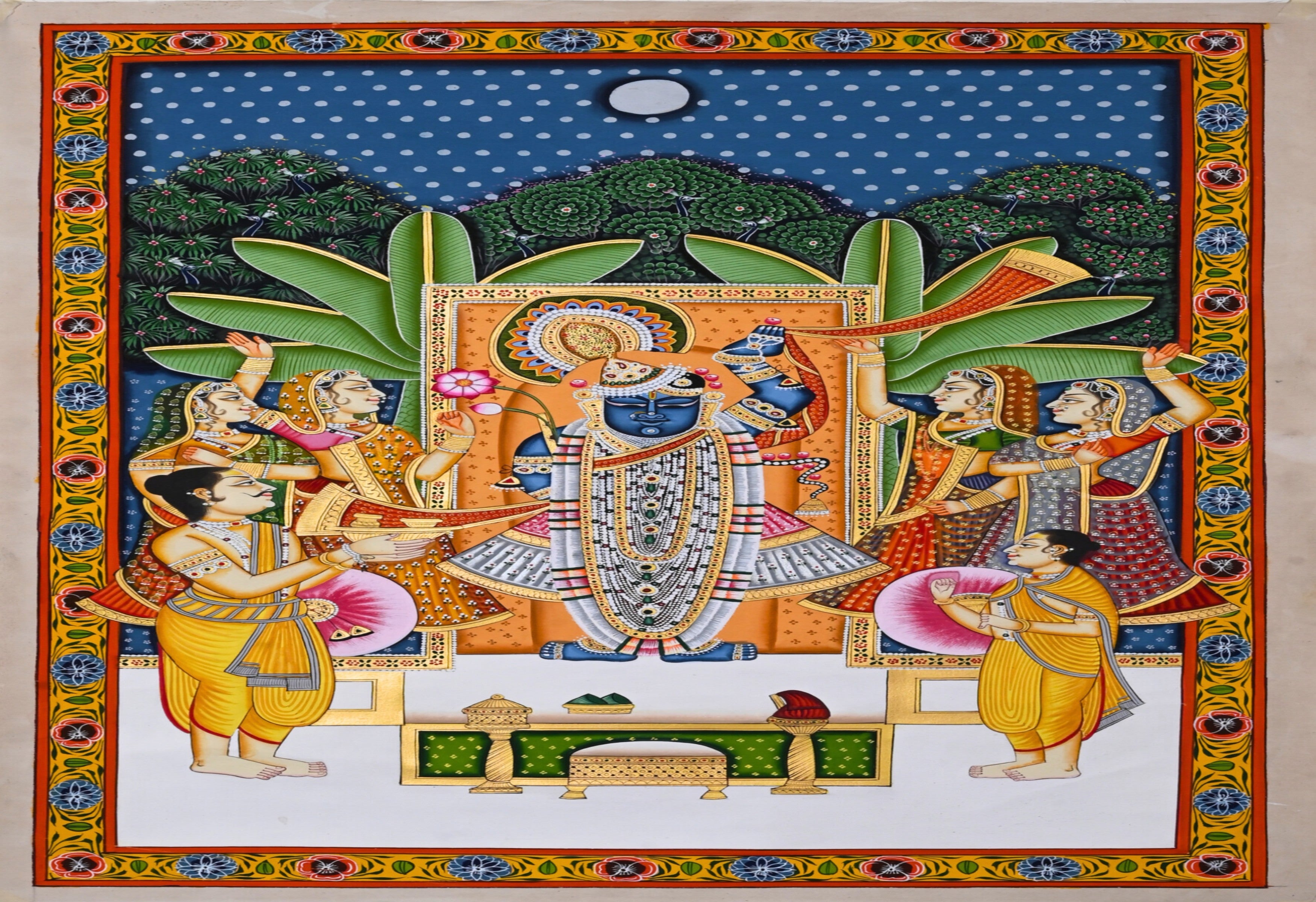 Traditional Indian Pichwai Radha Krishna River Scene Lotus Flowering Trees