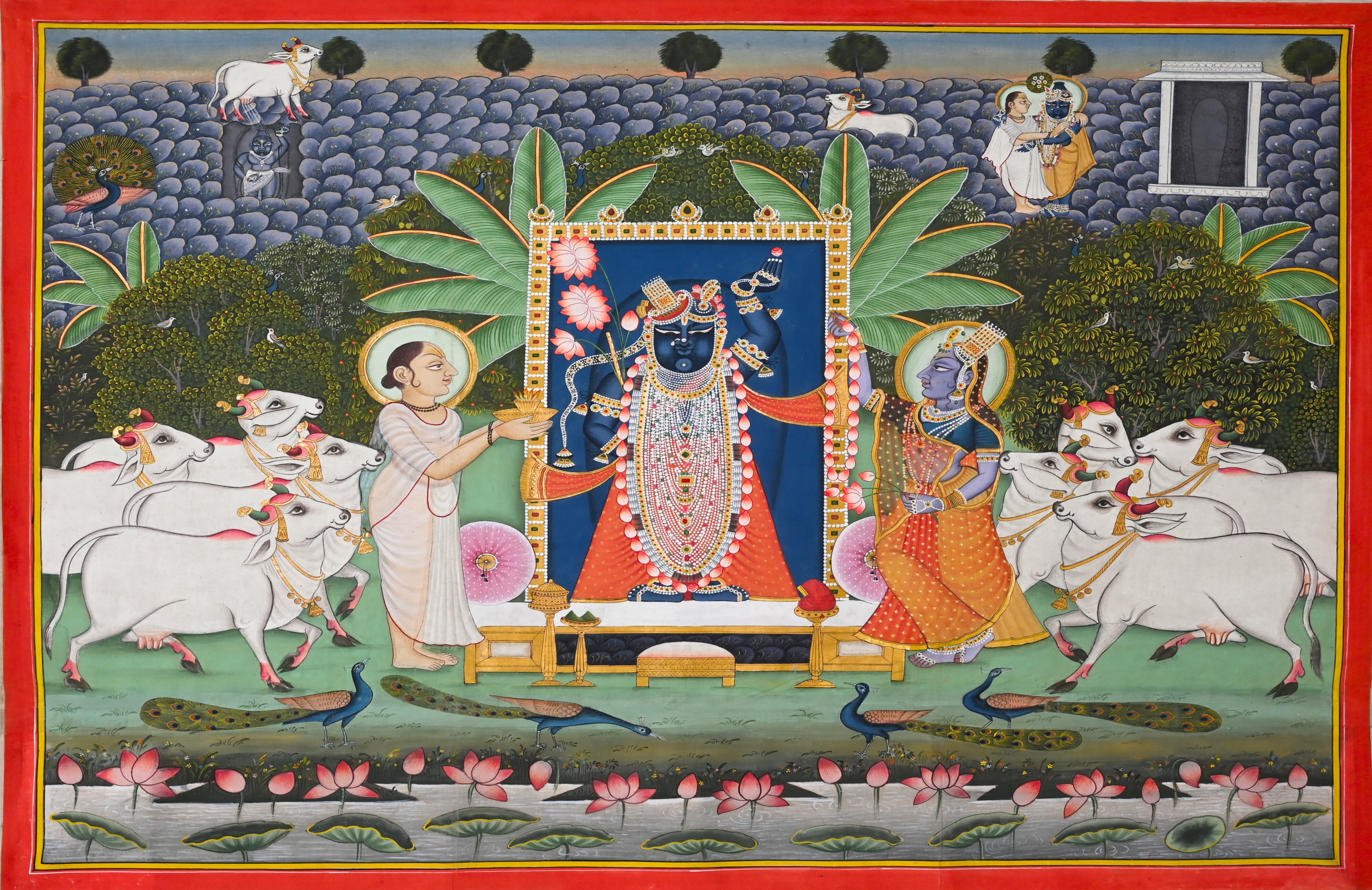 Shrinathji Deity with Devotees and Sacred Cows