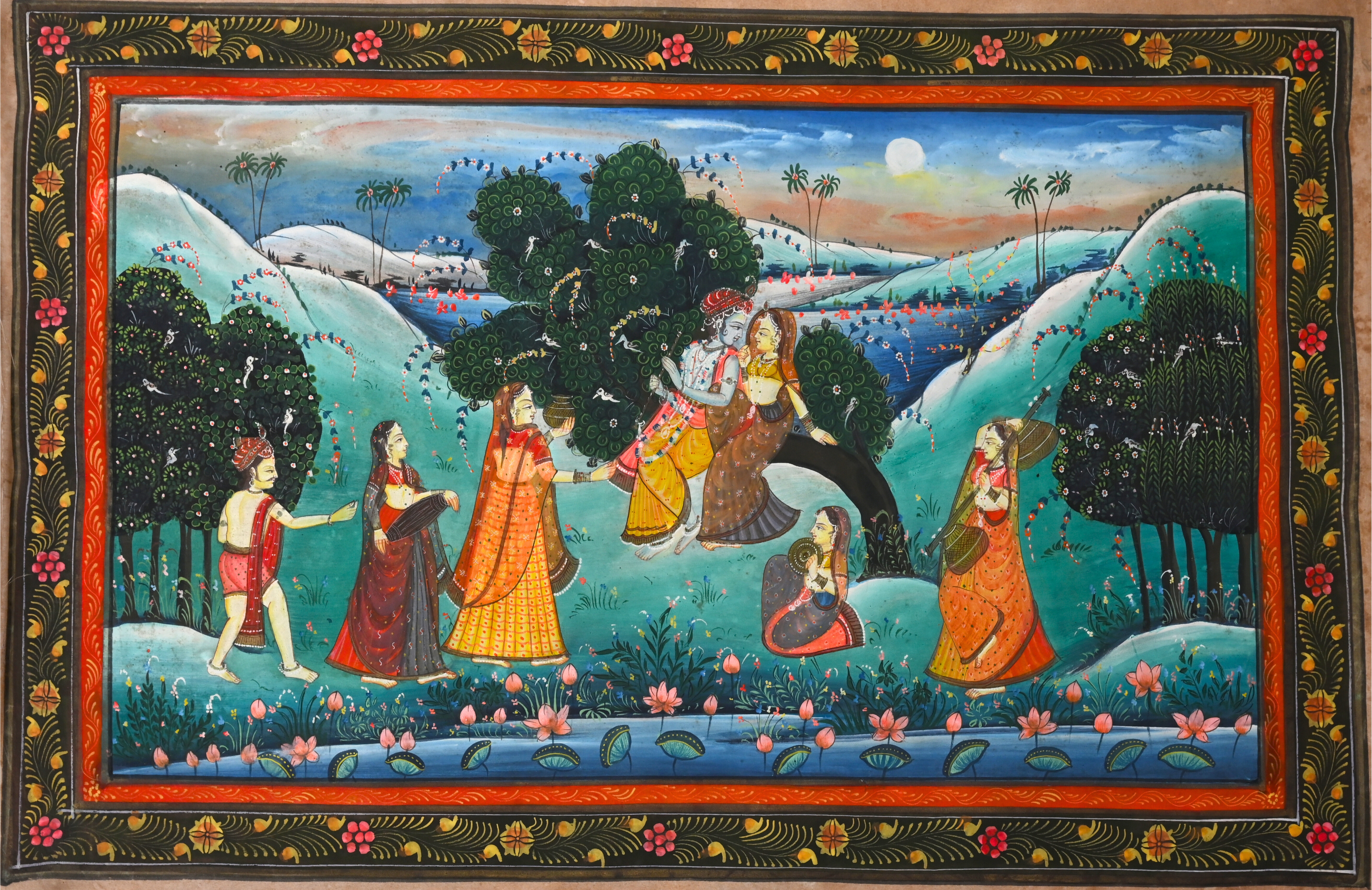 Radha Krishna in Garden Landscape with Gopis