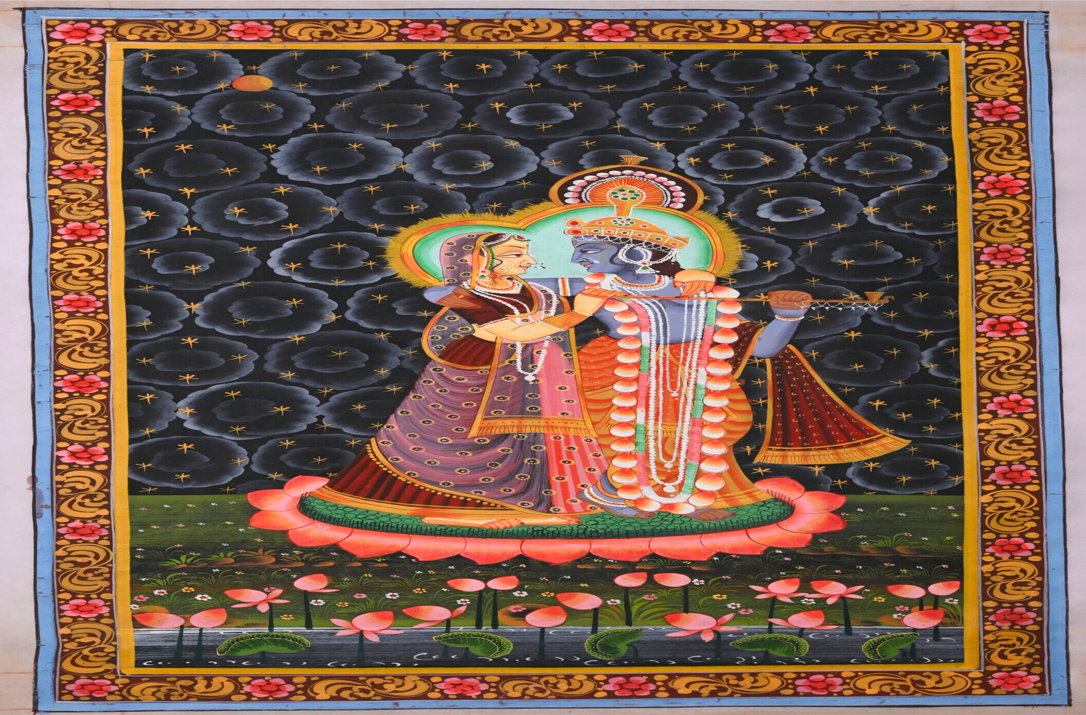 Krishna Radha Romantic Scene Lotus