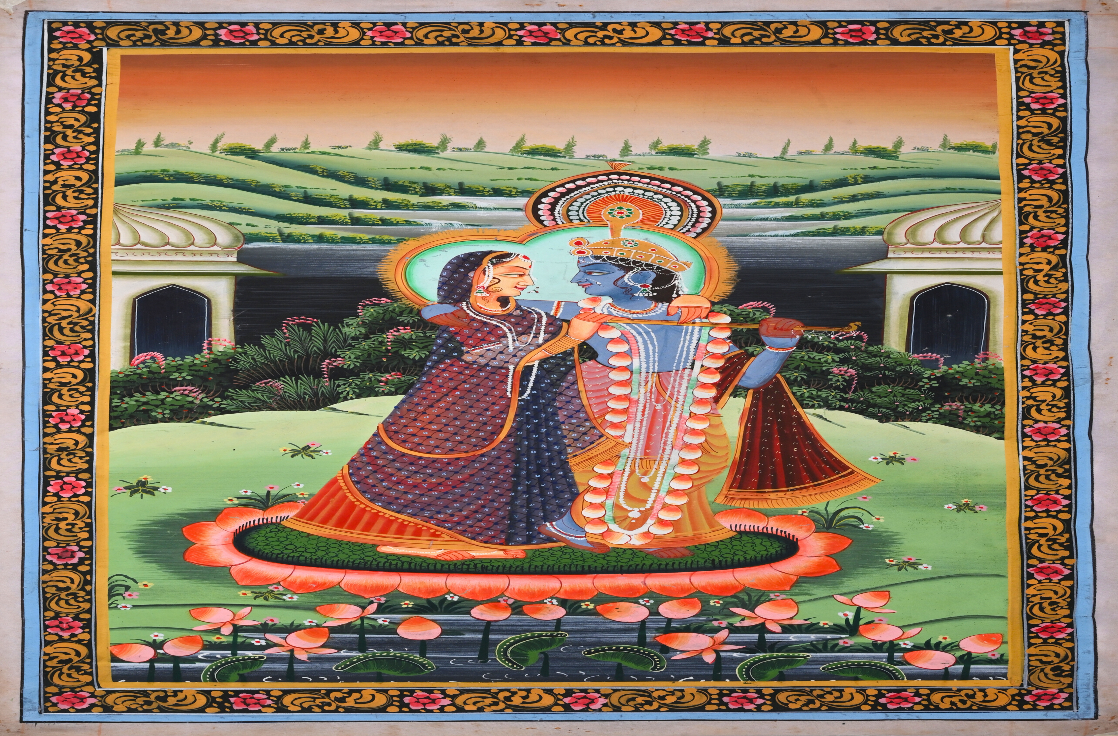 Divine Couple Palace Garden Scene Pichwai Painting Rajasthani Temple Art