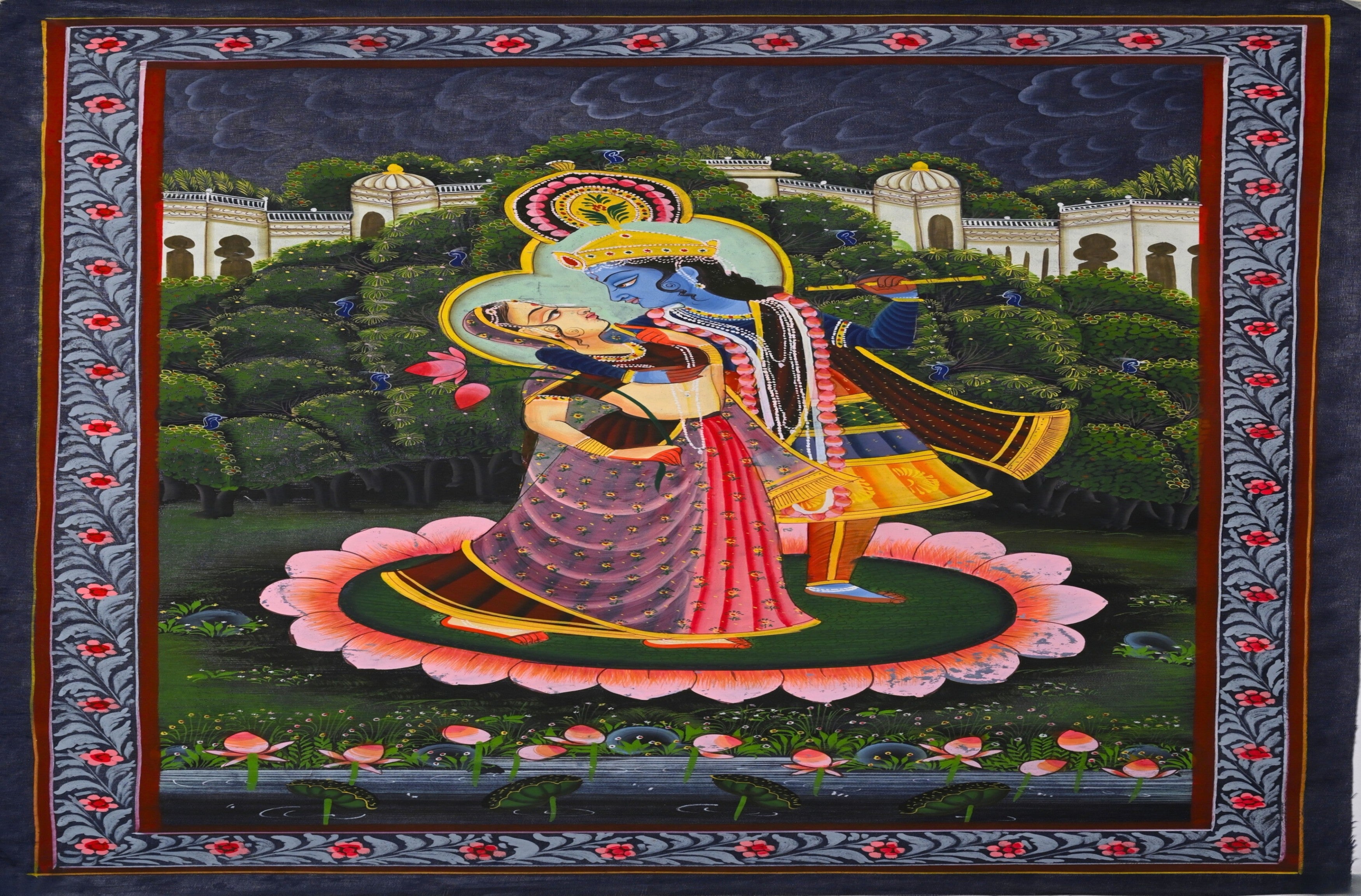Traditional Pichwai Radha Krishna Lotus Dance Palace Night Scene Devotional Art