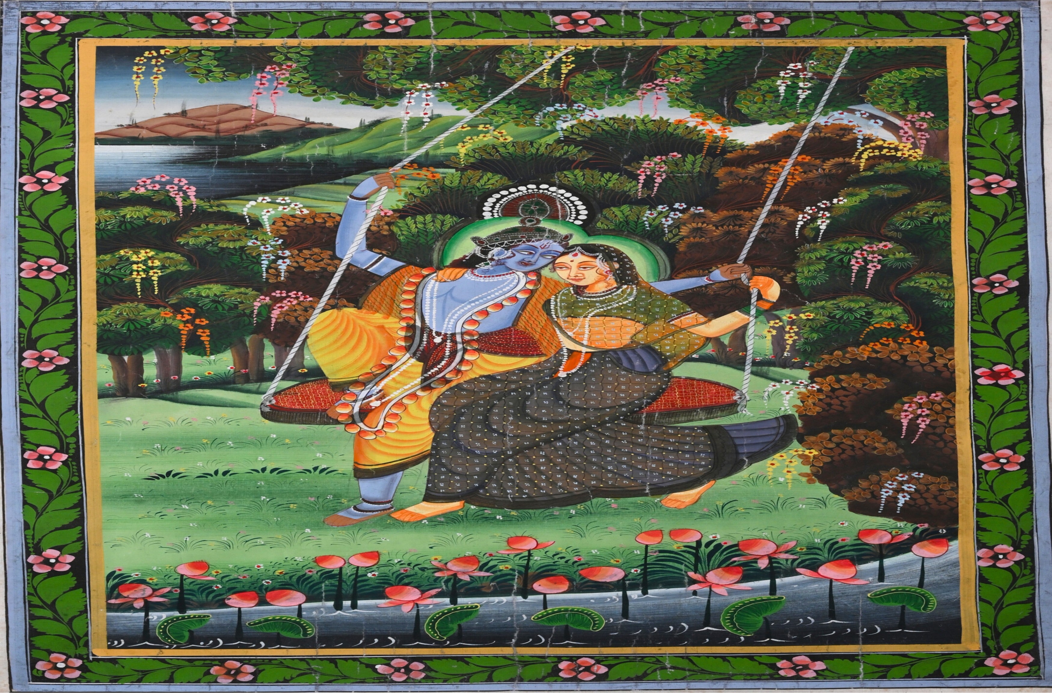 Radha Krishna Swing Painting Jhula Garden Scene Traditional Indian Pichwai Art